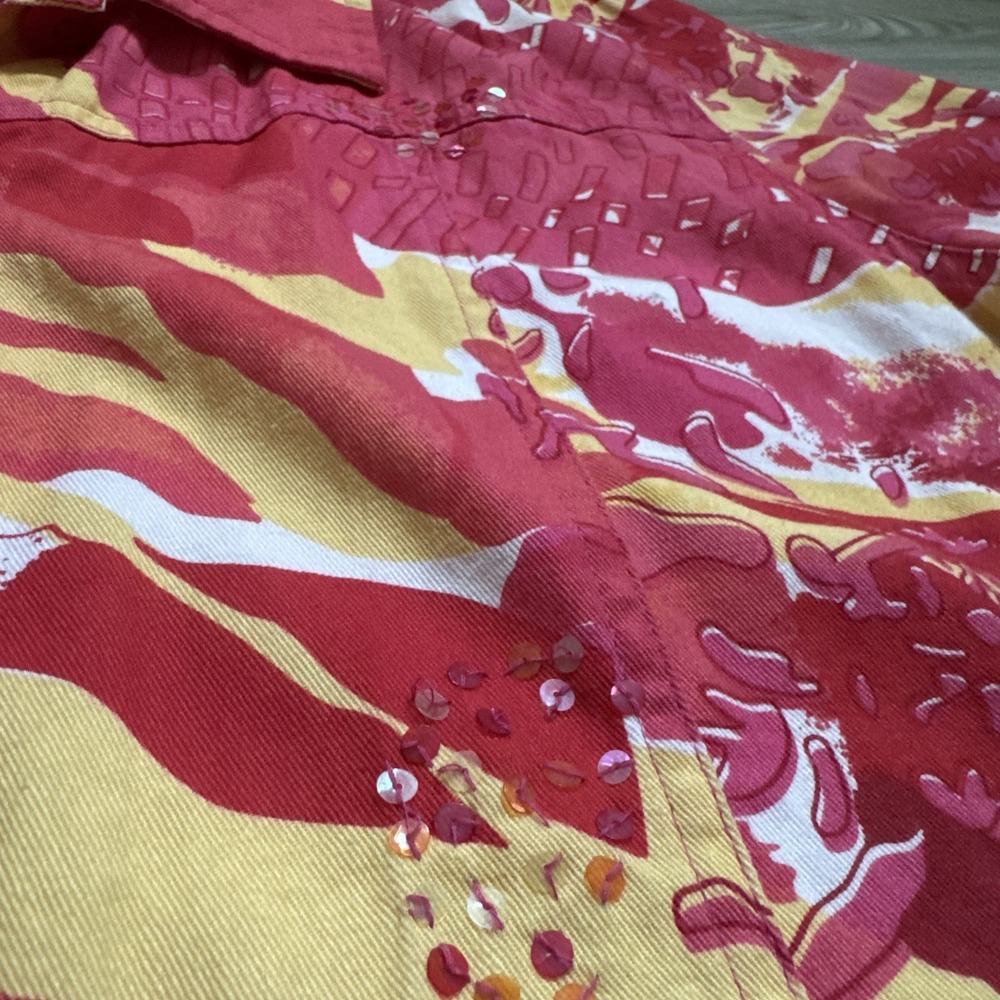 Vtg Choices Womans L 100% Cotton Colorful Button Up Jacket Sequins Red Yellow - Picture 7 of 16